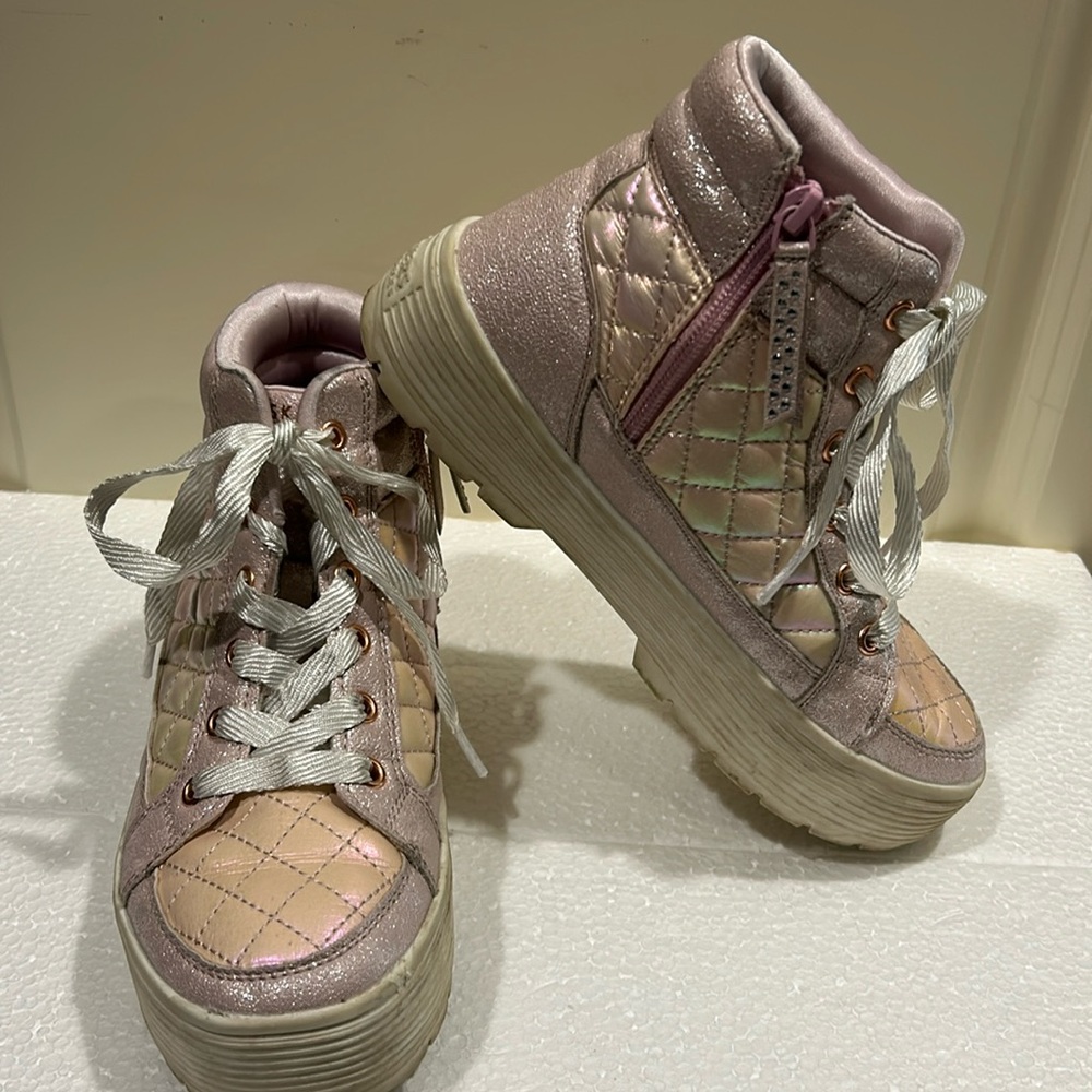 Skechers pink glittery quilt lace up/zip Hi Top platform sneakers women size 5
